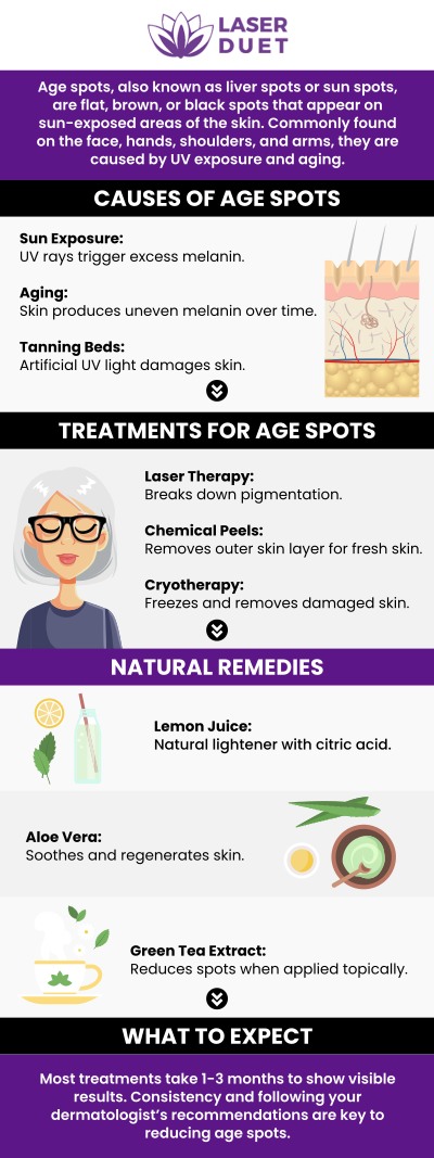 Age spots, also known as sunspots or liver spots, are small, dark, flat regions on the skin that usually form in places exposed to the sun, such as the face, hands, shoulders, and arms. They are painless and do not require treatment. If you prefer to make your age spots less obvious, there are treatments available to lessen or remove them. Our team of professionals offers treatments for age spots. For more information, contact us or schedule an appointment online. We are conveniently located at 15238 W Warren Ave Ste #A, Dearborn, MI 48126. Age spots, also known as sunspots or liver spots, are small, dark, flat regions on the skin that usually form in places exposed to the sun, such as the face, hands, shoulders, and arms. They are painless and do not require treatment. If you prefer to make your age spots less obvious, there are treatments available to lessen or remove them. Our team of professionals offers treatments for age spots. For more information, contact us or schedule an appointment online. We are conveniently located at 15238 W Warren Ave Ste #A, Dearborn, MI 48126.