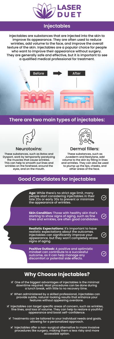 Injectables do not only rejuvenate your skin, they are also minimally invasive, are cost-effective and give instant results. Laser Duet offers injectable services such as botox, dermal fillers, radiofrequency, chin fillers, and much more. For more information contact us or schedule an appointment online. We are conveniently located at 15238 W Warren Ave Ste #A Dearborn, MI 48126. We serve clients from Dearborn MI, Detroit MI, Warren MI, Sterling Heights MI, Ann Arbor MI, Livonia MI, and surrounding areas.