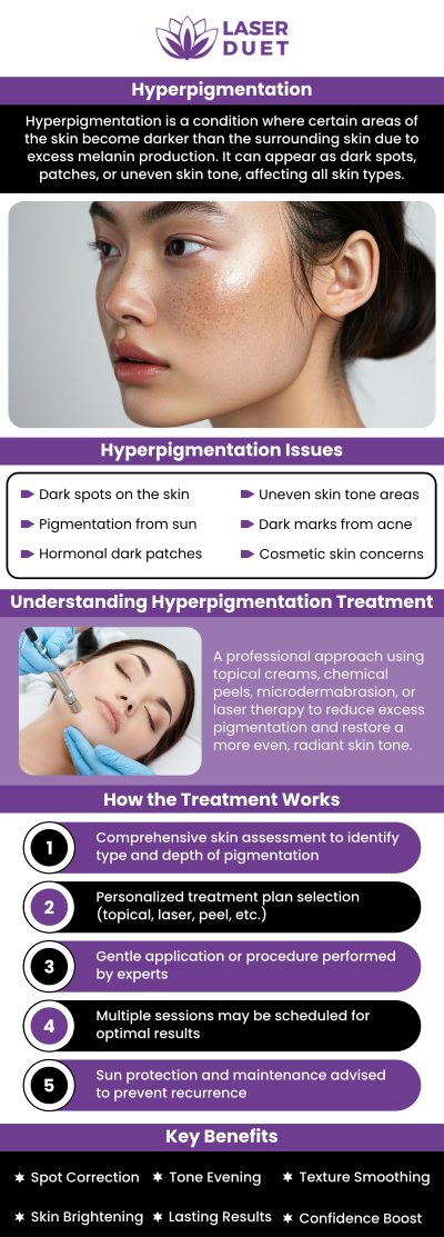 At Laser Duet, our team of experts specializes in hyperpigmentation treatment, offering personalized solutions to help you achieve a more even, radiant complexion. We use advanced techniques and the latest technology to target dark spots and discoloration, ensuring effective and lasting results. Let our team guide you through a customized treatment plan for healthier, glowing skin. For more information, contact us or schedule an appointment online. We are conveniently located at 15238 W Warren Ave, Dearborn, MI 48126.