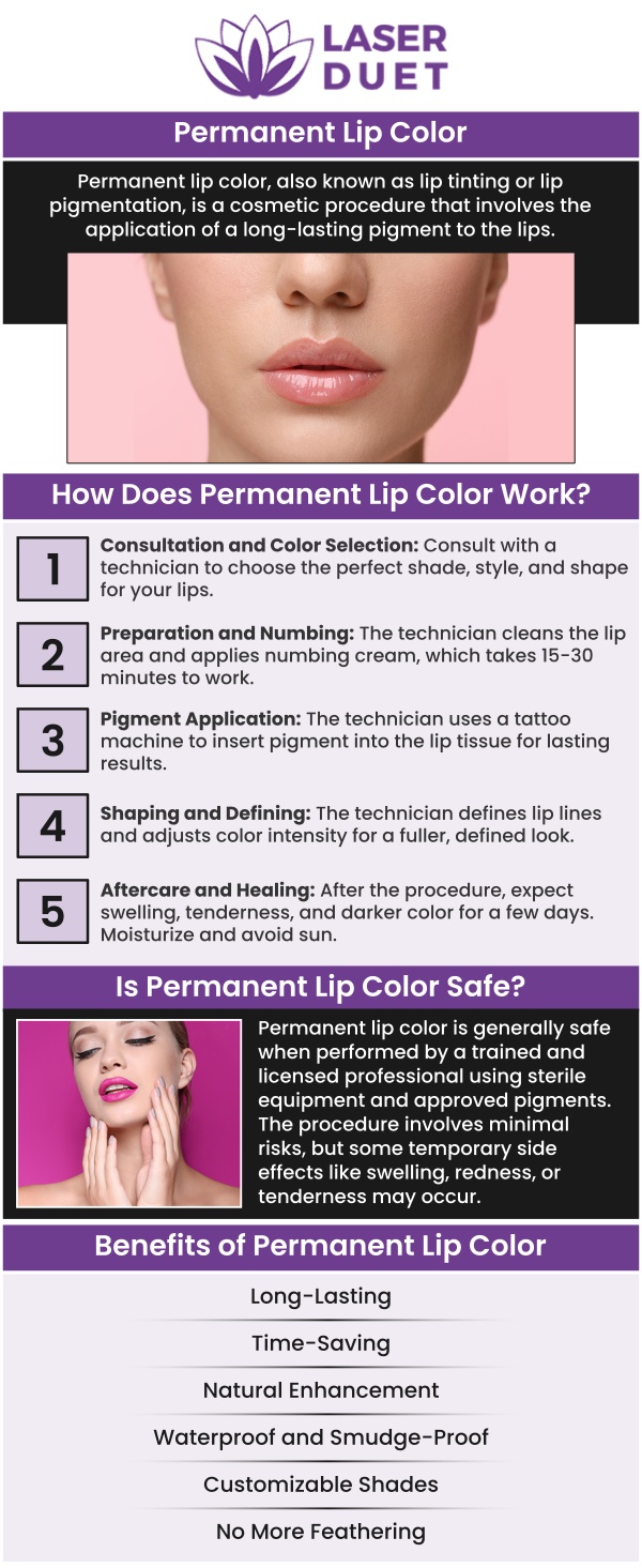 At Laser Duet, our team offers the Permanent Lip Color Procedure to enhance your natural lips with a beautiful, lasting tint that never fades. Whether you want a subtle boost of color or a bold look, our experts create a customized treatment to suit your style and preferences. Say goodbye to constant reapplication and hello to effortlessly gorgeous lips. For more information, contact us or schedule an appointment online. We are conveniently located at 15238 W Warren Ave, Dearborn, MI 48126.