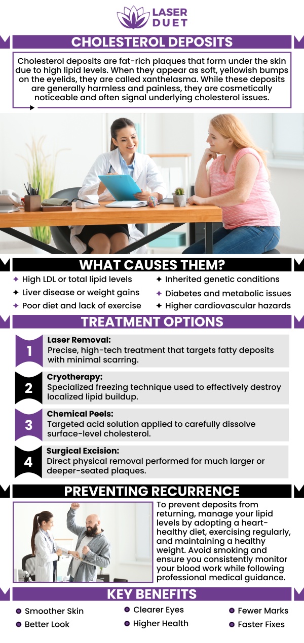 At Laser Duet, our team offers effective cholesterol deposit treatment to safely minimize or remove unsightly skin bumps caused by cholesterol buildup. We use targeted, modern techniques to reduce these deposits with minimal discomfort and downtime. With personalized care and a focus on achieving smooth, clear skin, our specialists help patients restore confidence and improve overall skin appearance. For more information, contact us or schedule an appointment online. We are conveniently located at 15238 W Warren Ave, Dearborn, MI 48126. At Laser Duet, our team offers effective cholesterol deposit treatment to safely minimize or remove unsightly skin bumps caused by cholesterol buildup. We use targeted, modern techniques to reduce these deposits with minimal discomfort and downtime. With personalized care and a focus on achieving smooth, clear skin, our specialists help patients restore confidence and improve overall skin appearance. For more information, contact us or schedule an appointment online. We are conveniently located at 15238 W Warren Ave, Dearborn, MI 48126.