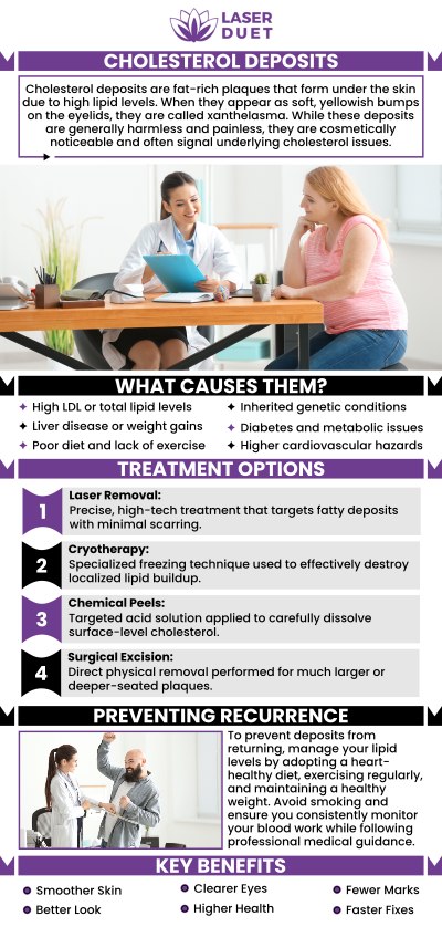 At Laser Duet, our team offers effective cholesterol deposit treatment to safely minimize or remove unsightly skin bumps caused by cholesterol buildup. We use targeted, modern techniques to reduce these deposits with minimal discomfort and downtime. With personalized care and a focus on achieving smooth, clear skin, our specialists help patients restore confidence and improve overall skin appearance. For more information, contact us or schedule an appointment online. We are conveniently located at 15238 W Warren Ave, Dearborn, MI 48126. At Laser Duet, our team offers effective cholesterol deposit treatment to safely minimize or remove unsightly skin bumps caused by cholesterol buildup. We use targeted, modern techniques to reduce these deposits with minimal discomfort and downtime. With personalized care and a focus on achieving smooth, clear skin, our specialists help patients restore confidence and improve overall skin appearance. For more information, contact us or schedule an appointment online. We are conveniently located at 15238 W Warren Ave, Dearborn, MI 48126.