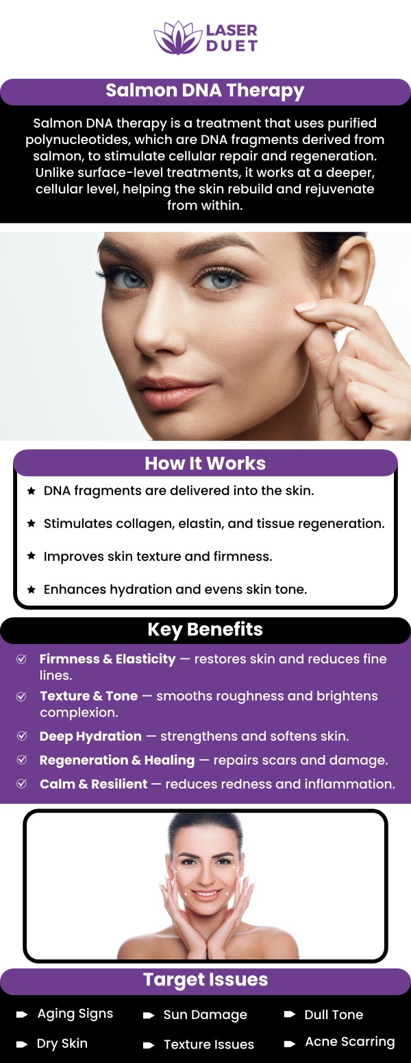 At Laser Duet, we offer the rejuvenating VAMP Salmon DNA Treatment, led by our skilled team. This cutting-edge, non-invasive treatment uses salmon DNA to deeply hydrate, repair, and restore skin, leaving you with a smoother, more youthful complexion. Our team customizes each treatment to address your specific skincare needs, ensuring optimal results tailored to your skin type and concerns. The VAMP treatment helps improve skin texture, reduce fine lines, and promote a healthy, radiant glow. For more information, contact us or book an appointment online. We are conveniently located at 15238 W Warren Ave Ste #A, Dearborn, MI 48126.