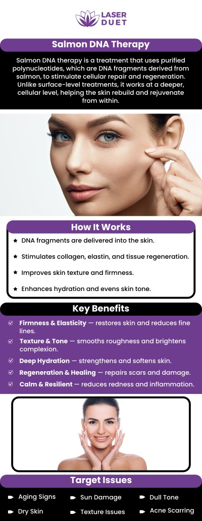 At Laser Duet, we offer the rejuvenating VAMP Salmon DNA Treatment, led by our skilled team. This cutting-edge, non-invasive treatment uses salmon DNA to deeply hydrate, repair, and restore skin, leaving you with a smoother, more youthful complexion. Our team customizes each treatment to address your specific skincare needs, ensuring optimal results tailored to your skin type and concerns. The VAMP treatment helps improve skin texture, reduce fine lines, and promote a healthy, radiant glow. For more information, contact us or book an appointment online. We are conveniently located at 15238 W Warren Ave Ste #A, Dearborn, MI 48126.