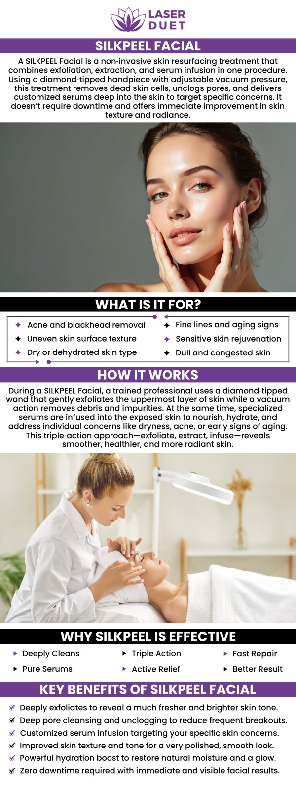 The topmost layers of skin are frequently the most damaged, therefore a silk peel exfoliates the skin by removing its cells. To provide pore cleaning and dead skin cell removal, a vacuum-induced system is combined with a diamond-tipped handpiece exfoliating tool. SilkPeel facial treatment is available at Laser Duet Med Spa. For more information, contact us, or book an appointment online. We are conveniently located at 15238 W Warren Ave Ste #A, Dearborn, MI 48126.