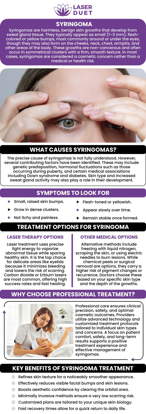 Syringoma removal is a minimally invasive procedure that targets and eliminates small, benign sweat gland tumors from the skin. Using advanced techniques, the treatment ensures minimal scarring and a smoother complexion. Ideal for those seeking to remove these skin growths, syringoma removal restores a clearer, more even skin texture. For more information contact us or book an appointment online. We are conveniently located at 15238 W Warren Ave Ste #A, Dearborn, MI 48126.