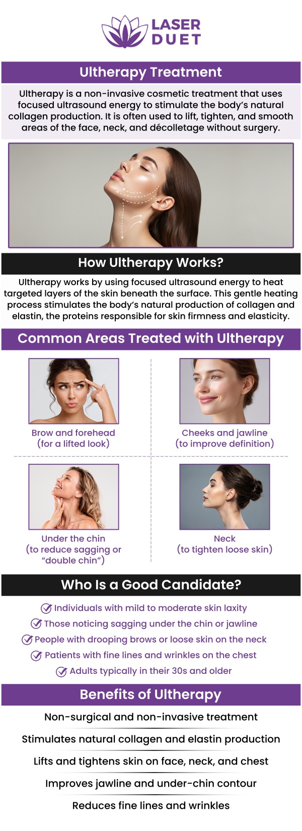 Maximizing the benefits of Ultherapy involves following aftercare instructions and maintaining a healthy lifestyle to support collagen production. After your treatment, avoid excessive sun exposure, stay hydrated, and follow any recommended skincare routines to nourish your skin. Our skilled team at Laser Duet Medical Spa can guide you on how to best care for your skin after Ultherapy and recommend additional treatments or maintenance schedules to enhance long-term results. For more information, contact us or schedule an appointment online. We are conveniently located at 15238 W Warren Ave, Dearborn, MI 48126.
