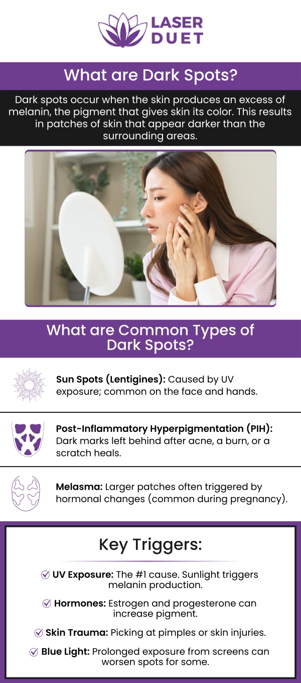 Dark spots, commonly known as hyperpigmentation, are primarily triggered by an overproduction of melanin resulting from cumulative sun damage, hormonal fluctuations, or the healing process of inflammatory acne breakouts. Our dedicated team of skincare specialists begins by conducting a thorough, personalized skin assessment to determine the exact root cause and cellular depth of your unique pigmentation concerns. For more information, contact us or schedule an appointment online. We are conveniently located at 15238 W Warren Ave, Dearborn, MI 48126.